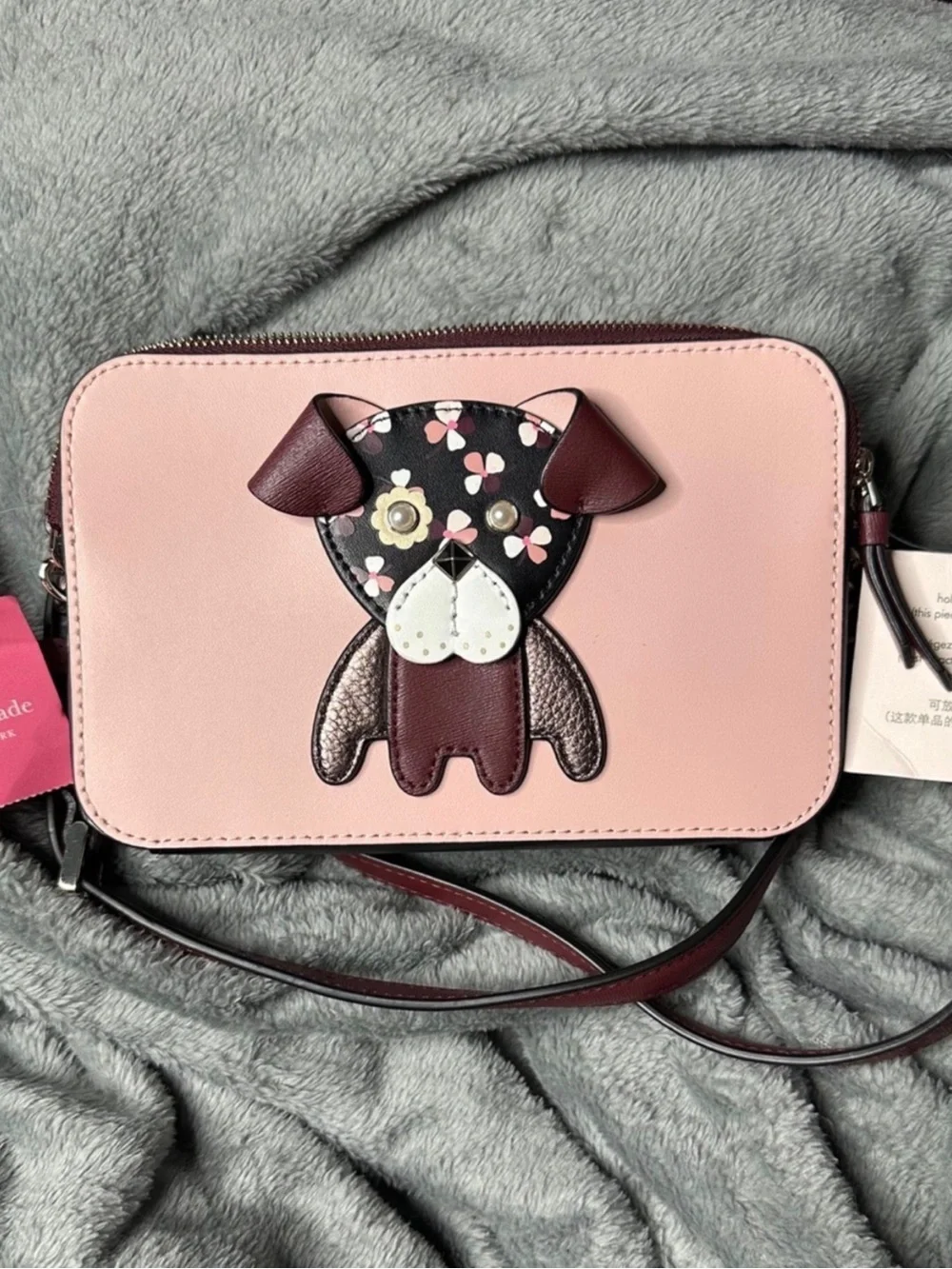 kate spade pink and burgundy dog appliqué crossbody